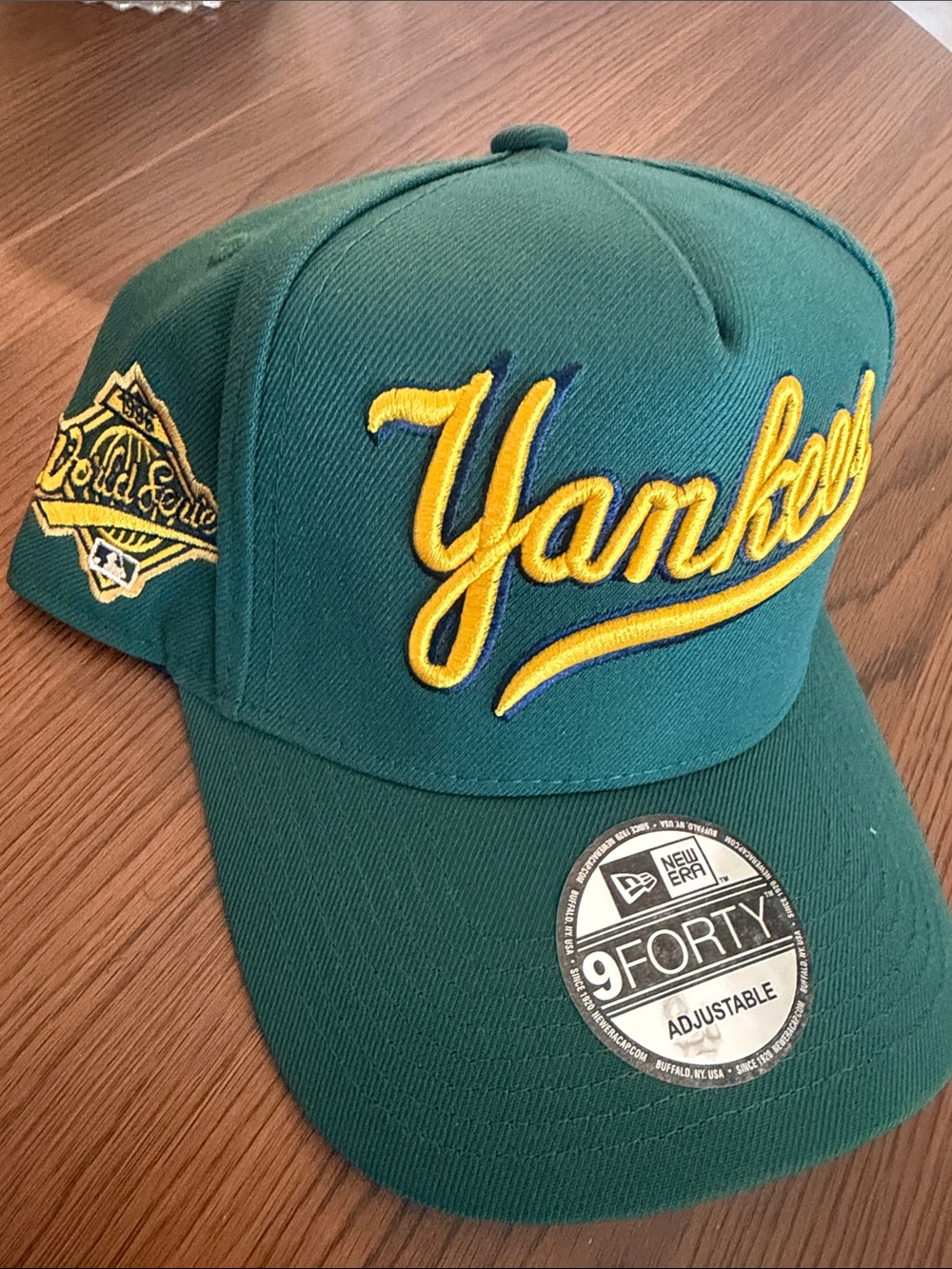 New Era Green Yankees Script Cap with Yellow Embroidery